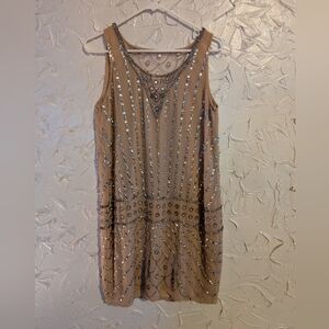 Phoebe Elegant Tan Beaded Dress Size 6